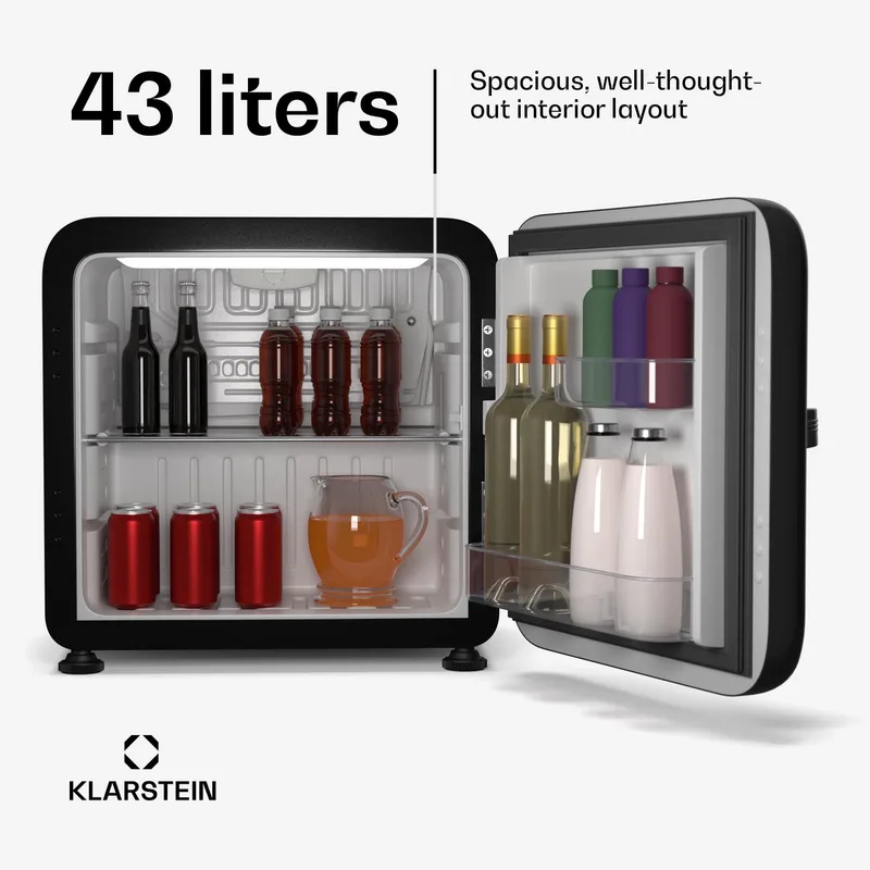Audrey Evo 45L minikoelkast - retro design, stil (40 dB), compressor, verstelbare pootjes, omkeerbare deur, kleine koelkast voor slaapkamers en kantoren by Klarstein in Black – product photo
