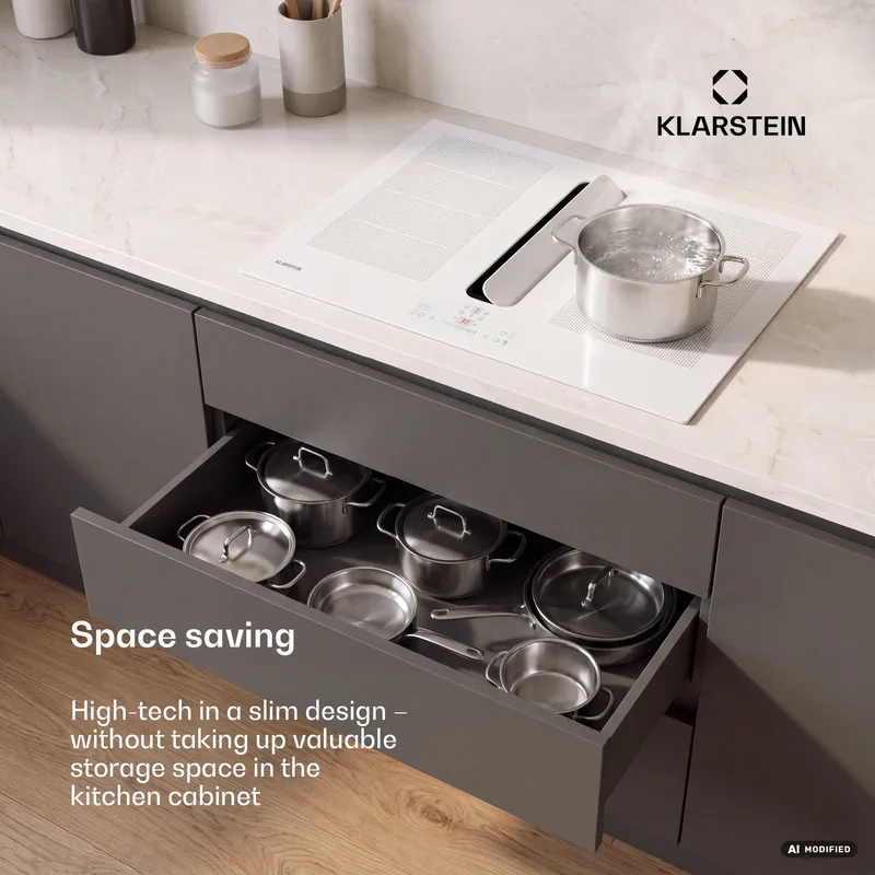 ChefFusion inductiekookplaat met afzuiging 70 cm – 4 kookzones, 7200 W, 504,3 m³/u, flexibele kookzones, recirculatie & afvoer von Klarstein in Weiß – Produktfoto