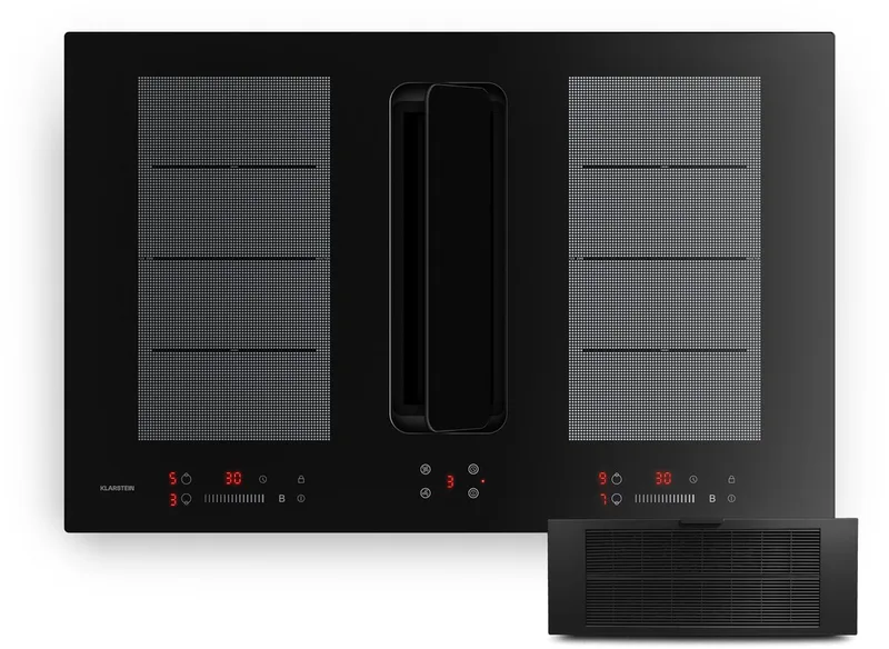 ChefFusion inductiekookplaat met afzuiging 80 cm – 4 kookzones, 7200 W, 504,3 m³/u, flexibele kookzones, recirculatie & afvoer by Klarstein in Black – product photo