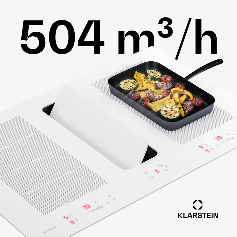 ChefFusion inductiekookplaat met afzuiging 80 cm – 4 kookzones, 7200 W, 504,3 m³/u, flexibele kookzones, recirculatie & afvoer de Klarstein en Blanc – photo produit