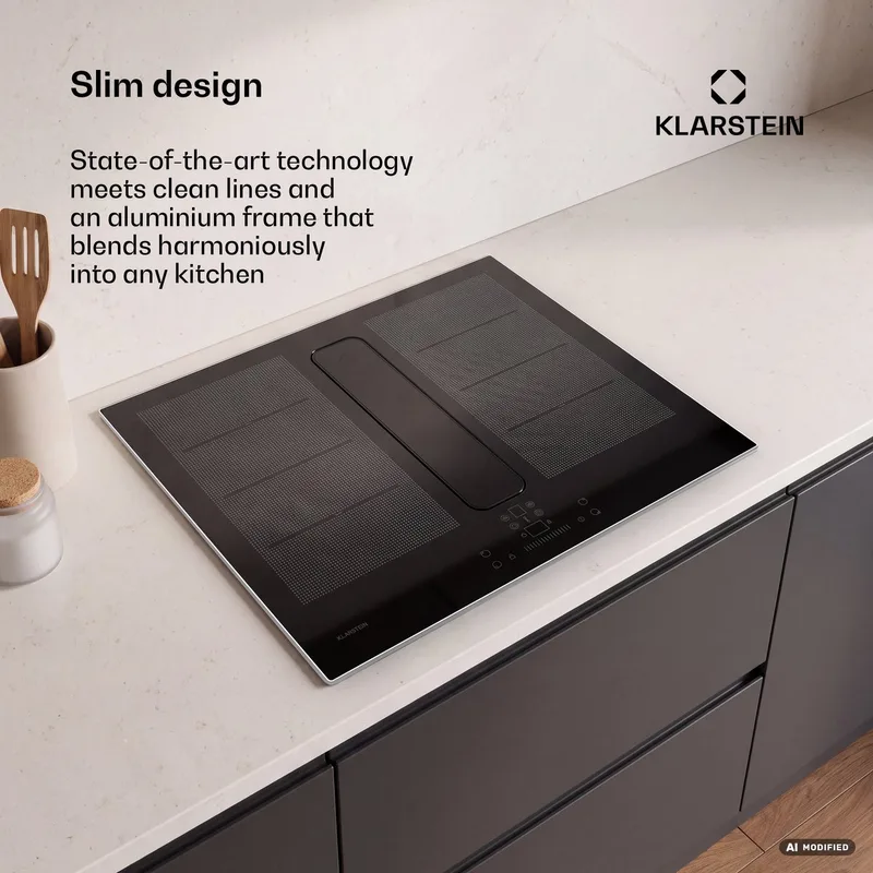 ChefFusion inductiekookplaat met afzuiging en aluminium frame 60 cm – 4 kookzones, 7200 W, 504,3 m³/u, flexibele kookzones, recirculatie & afvoer by Klarstein in Black – product photo