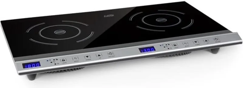 Cucinata draagbare kookplaat, dubbele inductiekookplaat, 3100W, touchbediening, pansensor, automatische uitschakeltimer, 10 vermogensniveaus, oververhittingsbeveiliging, kinderslot, glaskeramiek, zilver van Klarstein in Zwart, Zilver Metallic – productfoto