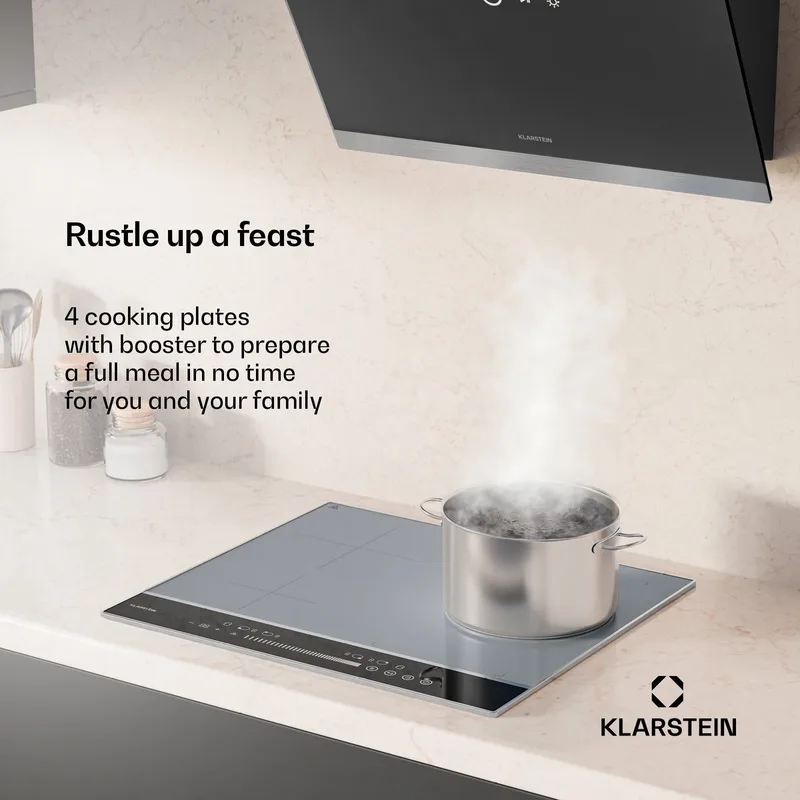 DualTone Hybride inductiekookplaat - 4-zones inductiekookplaat, 7200 W, Flex-zone & booster, Schuifregelaar, Timer, Warmhoudfunctie, Aluminium frame, 60 cm design fra Klarstein i Sølv – produktbillede