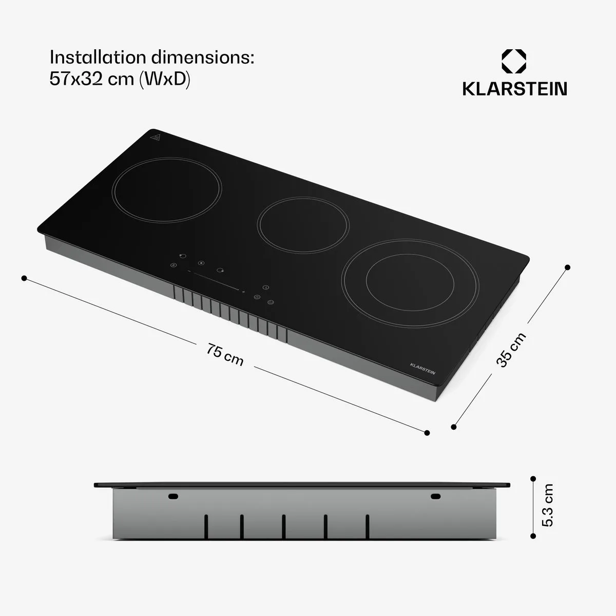 Glaskeramische kookplaat - 75 cm, Slimline 3-zones VTC-kookplaat met touch-bediening, Digitale timer & kinderslot – Ruimtebesparende keramische kookplaat voor compacte keukens by Klarstein in Black – product photo
