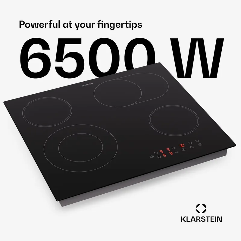 glaskeramische kookplaat, inbouw kookplaat met 4 kookpitten, 6500 W elektrische kookplaat om te koken, moderne glaskeramische kookplaat, glaskeramische kookplaat met 4 kookvelden, elektrische inbouwkookplaat fra Klarstein i Sort – produktbillede
