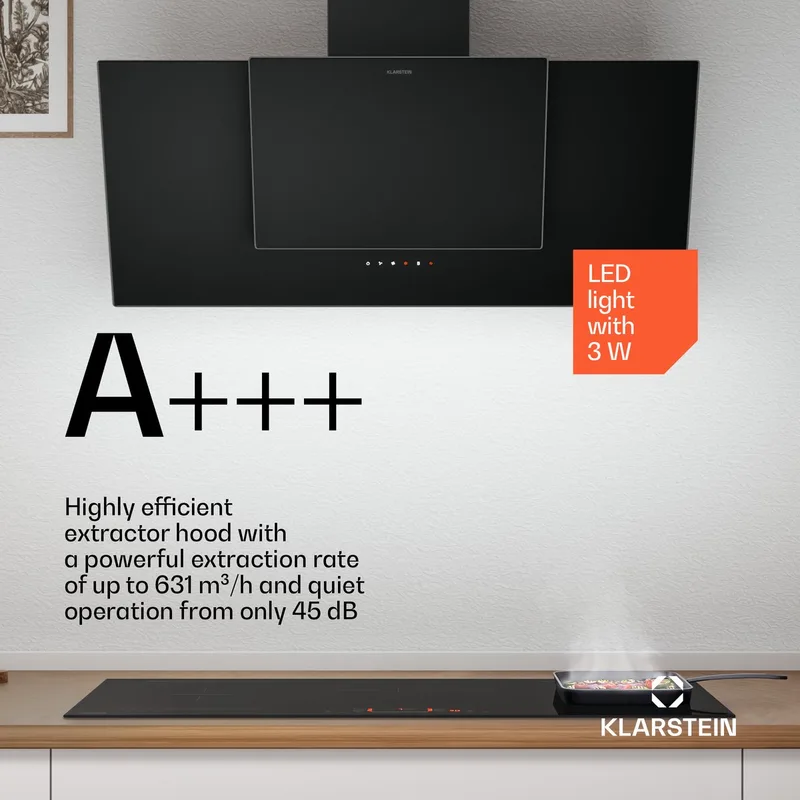 HaloSync inductiekookplaat met afzuiging - 90 cm, 5 zones, 11400 W boost, touchslider, downdraft, timer, kinderslot, restwarmte-indicator, A+++ energie, keramisch glas, ingebouwde afzuiging by Klarstein in Black – product photo