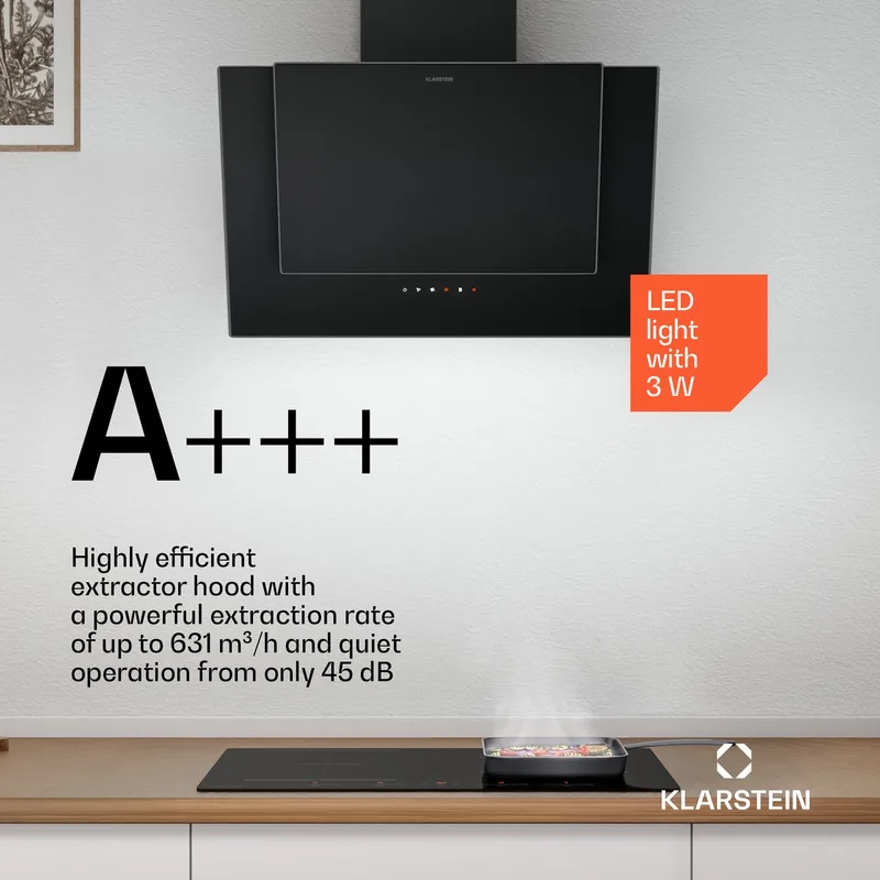 HaloSync inductiekookplaat met afzuigkap - 60 cm, 4 zones, 8400 W boost, touchslider, ingebouwde afzuigkap, timer, kinderslot, restwarmte-indicator, keramisch glas von Klarstein in Schwarz – Produktfoto