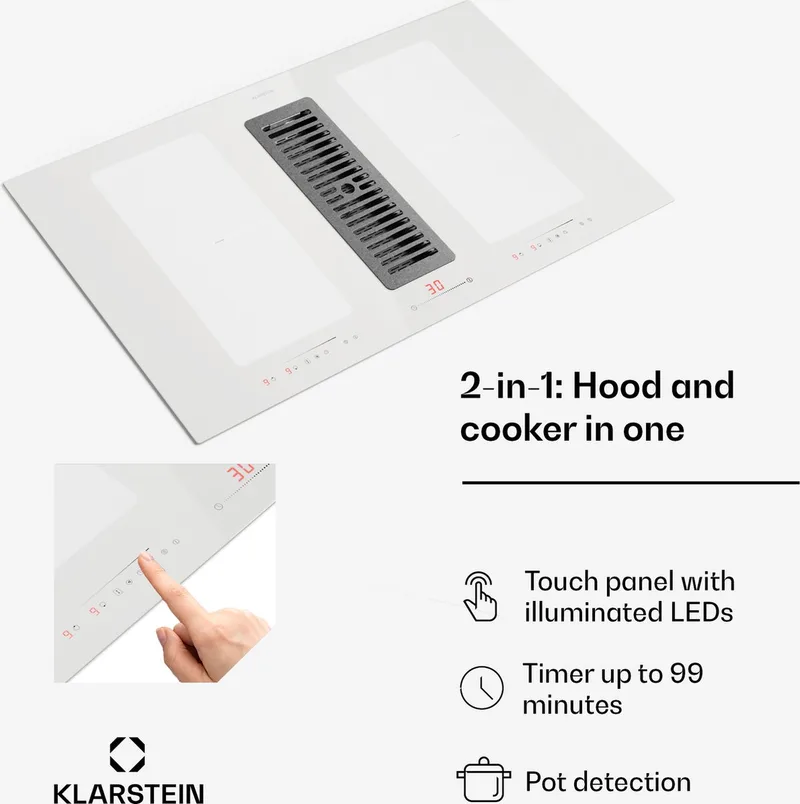 Inductiekookplaat 2-in-1 kookplaat met ingebouwde afzuigkap, voor kookeiland, kookplaat met geïntegreerde afzuigkap van 90 cm, 444 m³/h luchtstroom, touch control, energieklasse A+ - Kookveld - 7000W 52 cm - Inbouw voor Keuken by Klarstein in White – product photo