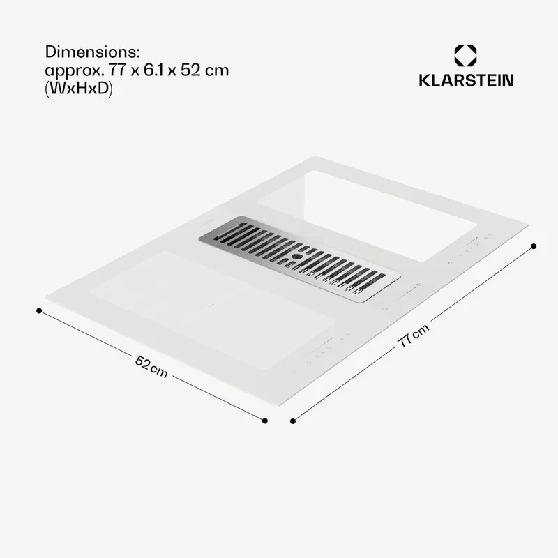 Inductiekookplaat 2-in-1 kookplaat met ingebouwde afzuigkap, voor kookeiland, kookplaat met geïntegreerde afzuigkap, 444 m³/h luchtstroom, touch display, energieklasse A+ - Kookveld - 7000W 52 cm - Inbouw voor Keuken - Flexzone by Klarstein in White – product photo