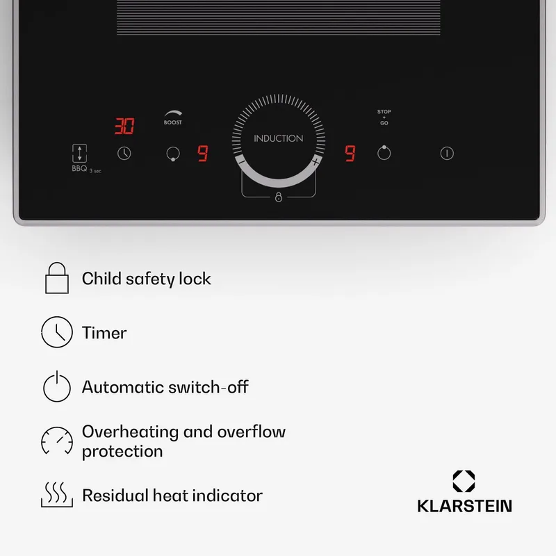 inductiekookplaat 2 platen, Inbouw inductiekookplaat met 2 kookplaten, 3500 watt inductiekookplaat, Inductiekookplaat met touch bediening & timer, efficiënte elektrische inductiekookplaat - Kookveld - 1500W 52 cm - voor Keuken by Klarstein in Black – product photo