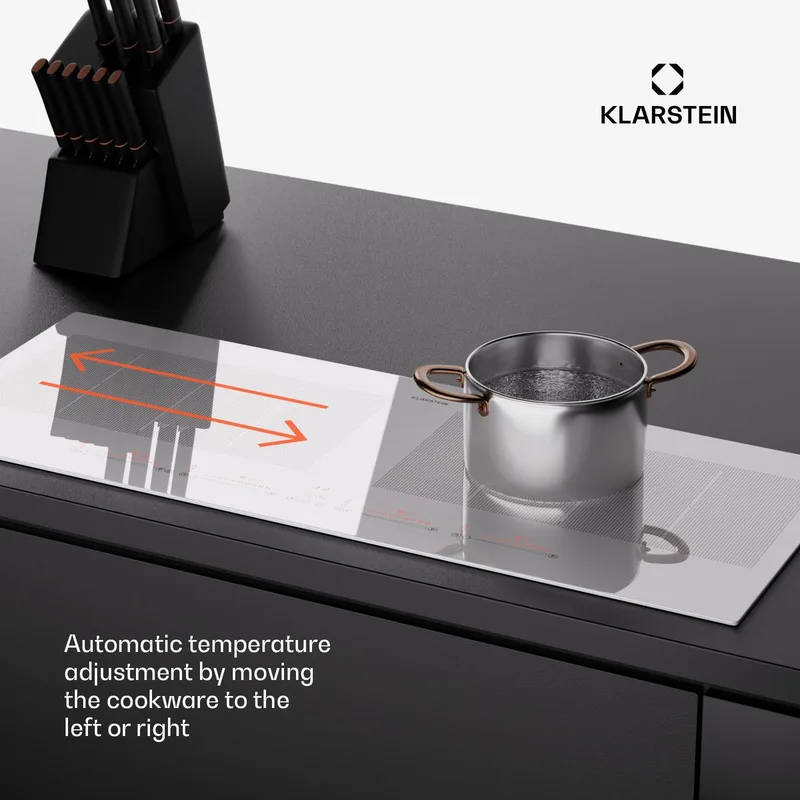Inductiekookplaat 4 platen, 90cm glaskeramische inductiekookplaat met 4 kookzones, 7200W inductiekookplaat, Fornuis met touch-control & oververhittingsbeveiliging by Klarstein in White – product photo