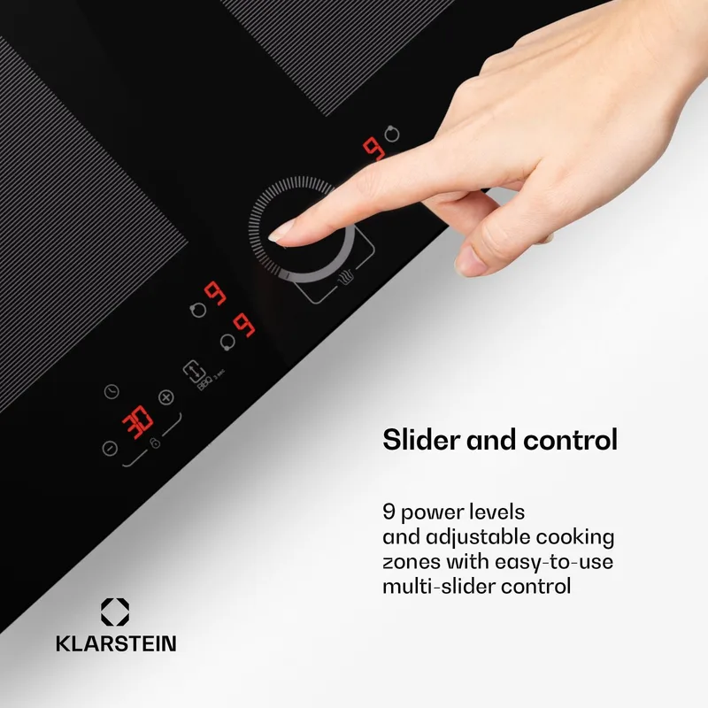 inductiekookplaat 4 velden, inbouw inductiekookplaat met 4 kookvelden, 7000 watt inductie kookplaat, inductie kookplaat met touch bediening & timer, efficiënt elektrisch inductiefornuis - 52 cm - voor Keuken - Flexzone Kinderslot by Klarstein in Black – product photo
