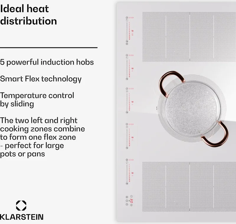 Inductiekookplaat 5 platen, 90cm glaskeramische inductiekookplaat met 4 kookzones, 9600W inductiekookplaat, Fornuis met touch-control & oververhittingsbeveiliging van Klarstein in Wit – productfoto