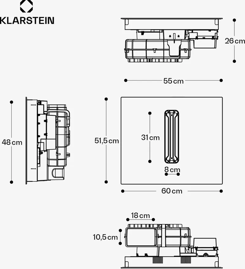 Inductiekookplaat AirJet 60 met Afzuiging – 600 m³/u, Flexzones, 10.000 W Boost, Touchpaneel, Energieklasse A+, Kinderbeveiliging, RVS en glas, 60 cm - Kookveld - 49 cm - Inbouw voor Keuken - Timer Booster Kinderslot by Klarstein in Black – product photo