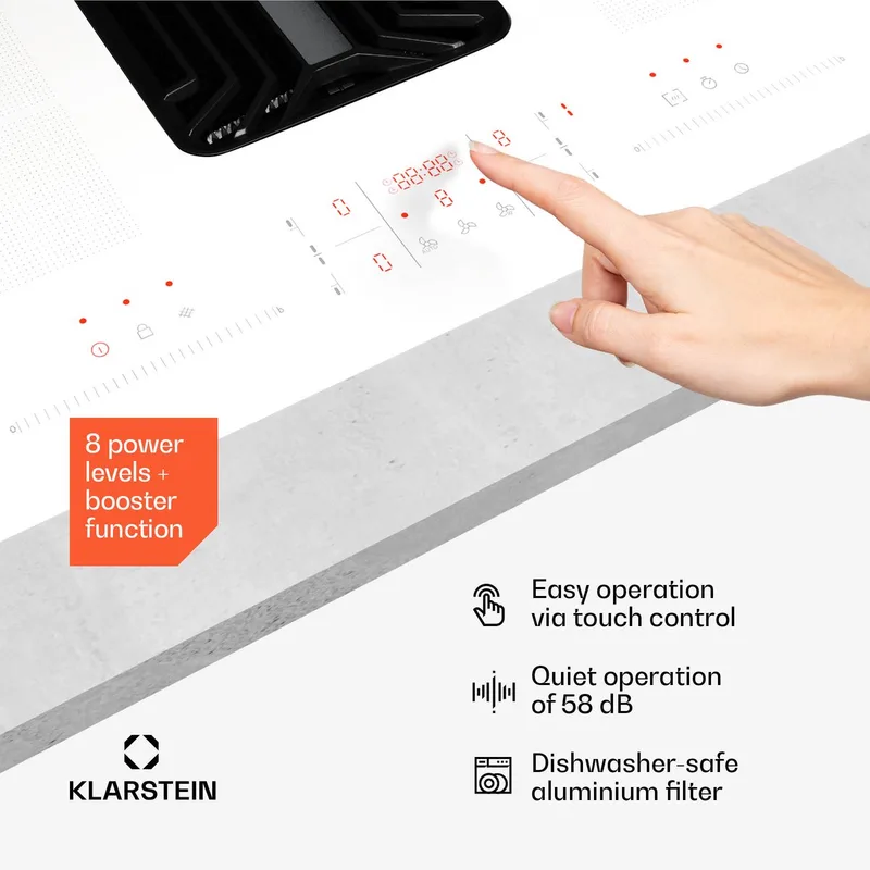 Inductiekookplaat AirJet FlexPro met afzuigkap - Energie-efficiëntieklasse A++, luchtdebiet van 750 m³/u, vermogen van 14 kW, 4 Flex Zones, stil (58 dB), touchscreenbediening, - Inbouw voor Keuken - Booster Flexzone van Klarstein in Wit – productfoto