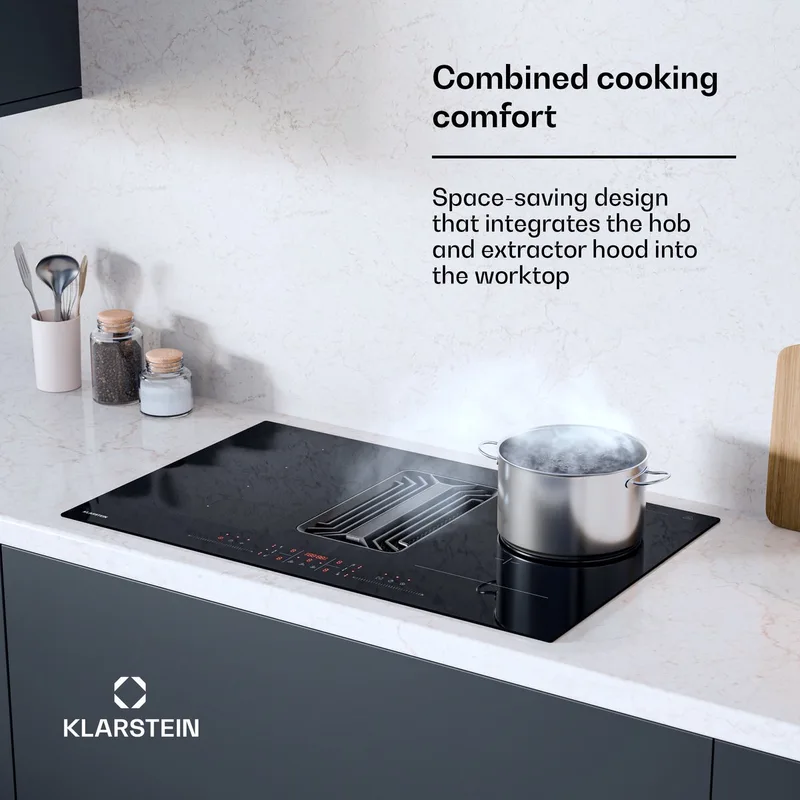 Inductiekookplaat AirJet Met Afzuiging - 12 kW, Boost 750 m³/u, A++ Efficiëntie, 9 Standen, Stil 58 dB, Touchbedieningspaneel, Bridge-Connect, Actieve Koolstoffilter, - 7300W - Inbouw voor Keuken - Induction Hob by Klarstein in Black – product photo