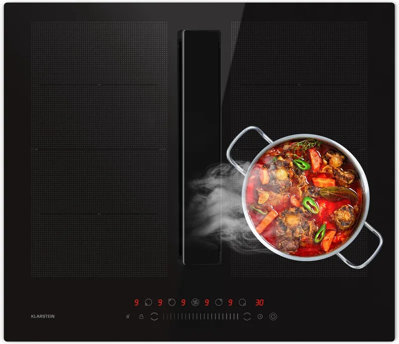 Inductiekookplaat Chef-Fusion met Afzuiging – 60 cm, 600 m³/u, 6400 W, Flexzone, Energieklasse A, Touchbediening, Ruimtebesparend, - 52 cm - voor Keuken - Vetfilter - Induction Hob - Inductie Kookveld van Klarstein in Zwart – productfoto