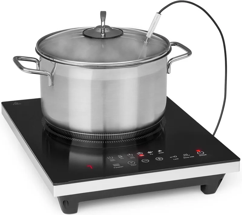 Inductiekookplaat Cook n Roll - Enkele Kookzone, 2000 W, Kookzone: 26 cm Ø, 10 Temperatuurstanden, 6 Kookprogramma’s, Sous-Vide Functie, HeatControl: Inclusief Thermometer, - Kookveld - 105 cm - voor Keuken - Glaskeramiek Touch Timer fra Klarstein i Sort – produktbillede