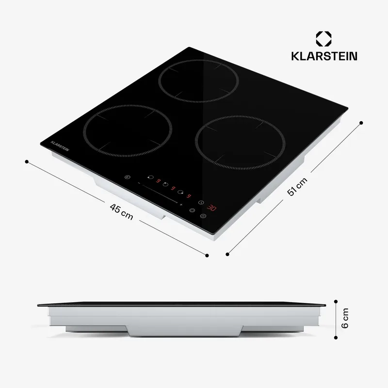 Inductiekookplaat Delicatessa 3 Zonen inbouw Induktionskochplatte, 6600W met Boostern, Slider touchbediening, Timer & kinderbeveiliging, Schwarzes glaskeramiek, compact 45cm design - 3 Zones - voor Keuken - Kinderslot Restwarmte-Indicator von Klarstein in Schwarz – Produktfoto