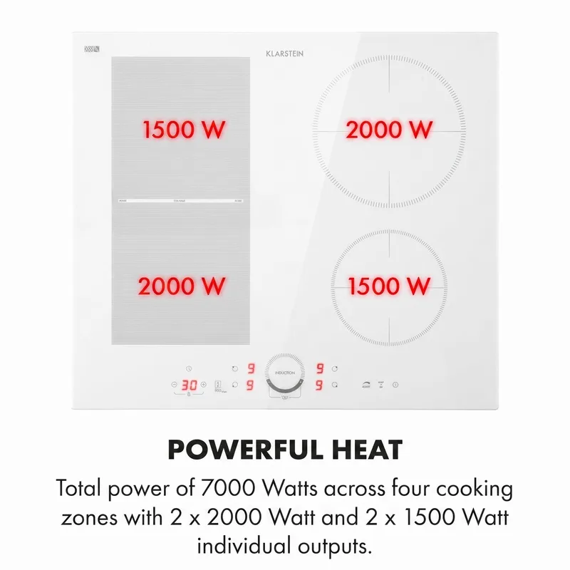 Inductiekookplaat Delicatessa 60 Hybrid – 4 Zones, Inbouw Inductiekookplaat met Touchdisplay, Digitale Weergave en Timer, Snelle Opwarming, 7000 W - Inductie Kookplaat - 52 cm - voor Keuken - Flexzone - Induction Hob von Klarstein in Weiß – Produktfoto