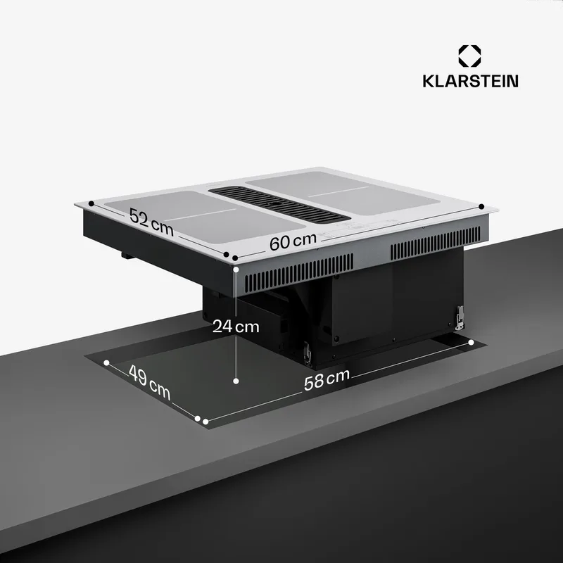 Inductiekookplaat Full House met afzuiging - 60 cm, 4 zones, flexzones, 6000 W boost, geïntegreerde downdraft afzuiging 530.1m³/h, touch control, timer, kinderslot, glaskeramiek, - Induction Hob - Inductie Kookveld von Klarstein in Weiß – Produktfoto