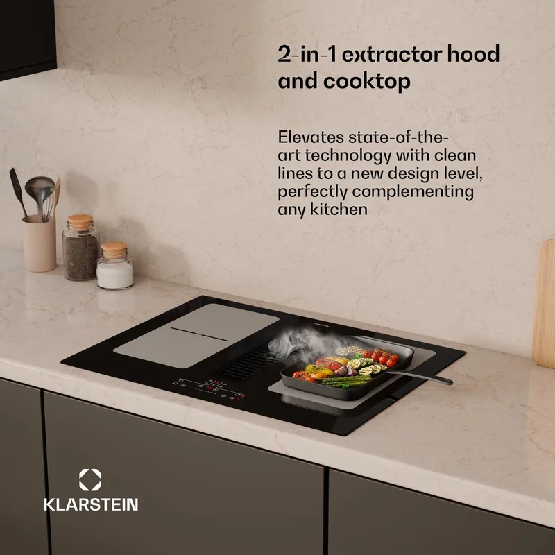 Inductiekookplaat Full House met afzuiging - 70 cm, 4 zones, flexzones, 7335 W boost, geïntegreerde downdraft afzuiging 530.1m³/h, touch control, timer, kinderslot, glaskeramiek, inbouw, - Induction Hob van Klarstein in Zwart – productfoto
