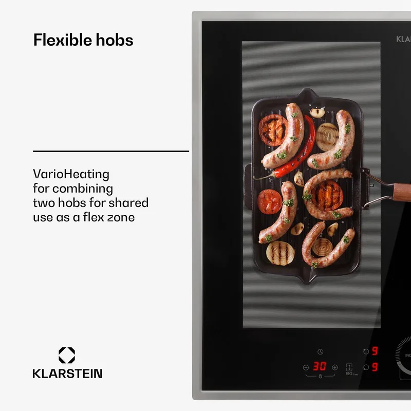 Inductiekookplaat, Glaskeramische Kookplaat, 4 Zones, Inbouw Inductiekookplaat met Touchdisplay, Digitale Weergave en Timer, Snelle Opwarming, 7000 W - Glaskeramiek Kookplaat Kookveld - 52 cm - voor Keuken - Glaskeramiek Flexzone Kinderslot de Klarstein en Noir – photo produit
