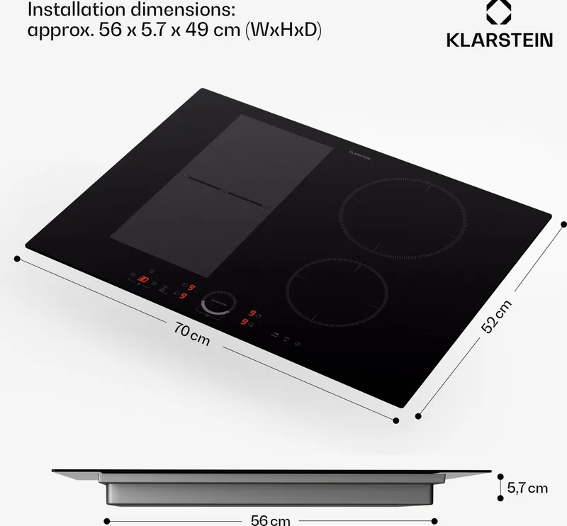 inductiekookplaat, glaskeramische kookplaat, 7000 W inductiekookplaat met 4 velden, ingebouwde inductiekookplaat met touch display en timer, moderne kookvelden met oververhittingsbeveiliging - Inbouw Kookplaat - 52 cm - Inbouw voor Keuken von Klarstein in Schwarz – Produktfoto