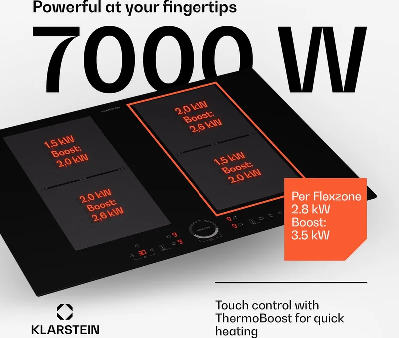 inductiekookplaat, glaskeramische kookplaat, 7000 W inductiekookplaat met 4 velden, ingebouwde inductiekookplaat met touch display en timer, moderne kookvelden met oververhittingsbeveiliging von Klarstein in Schwarz – Produktfoto