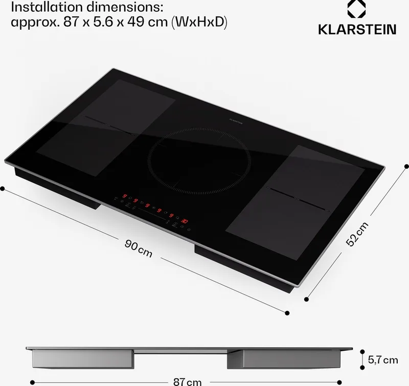 Inductiekookplaat inductie kookplaat, glaskeramische kookplaat, 7000 W inductie kookplaat met 4 velden, ingebouwde inductie kookplaat met touch display en timer, moderne kookvelden met oververhittingsbeveiliging - 7200W 52 cm de Klarstein en Noir – photo produit