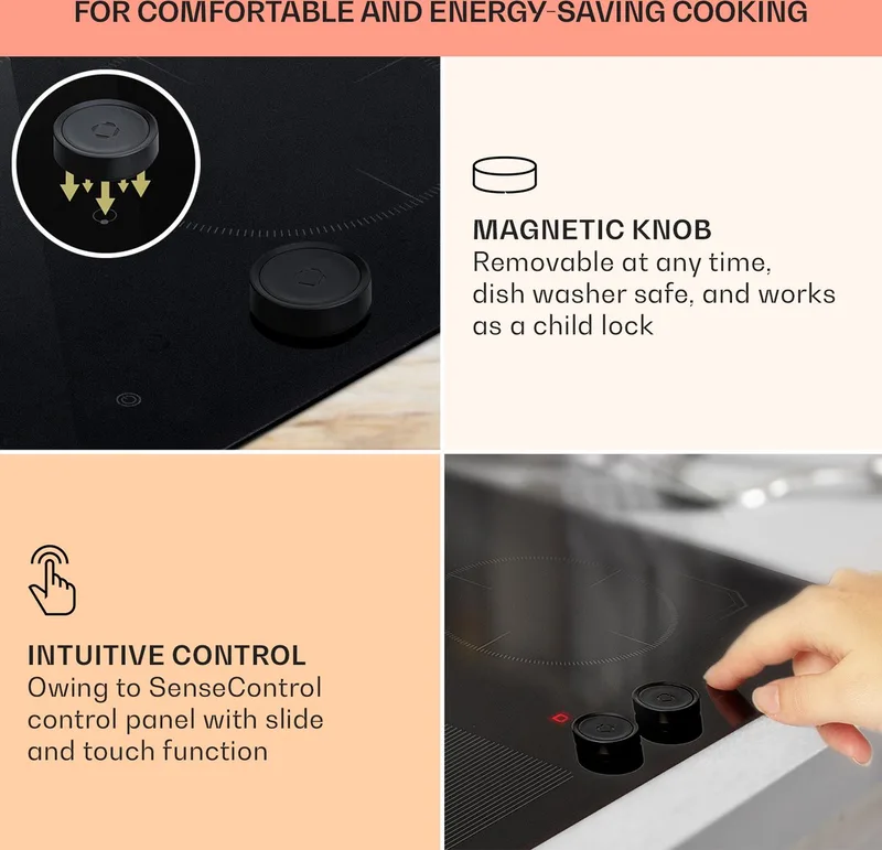 inductiekookplaat met 4 kookzones, inbouw-inductiekookplaat met 4 kookzones, inductiekookplaat van 7000 watt, kookplaat met touchbediening en timer, glaskeramische kookplaat met afneembare magnetische draaiknop by Klarstein in Black – product photo