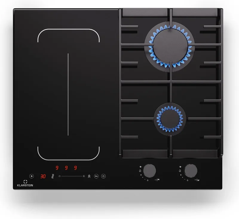 Inductiekookplaat Multichef 4 - Inductie- en Gaskookvelden - 2 Gaspitten - 2 Inductievelden - Flexzone - 51 cm - voor Keuken - Timer Schuifregelaar - Compact - Induction Hob - Inductie Kookveld by Klarstein in Black – product photo