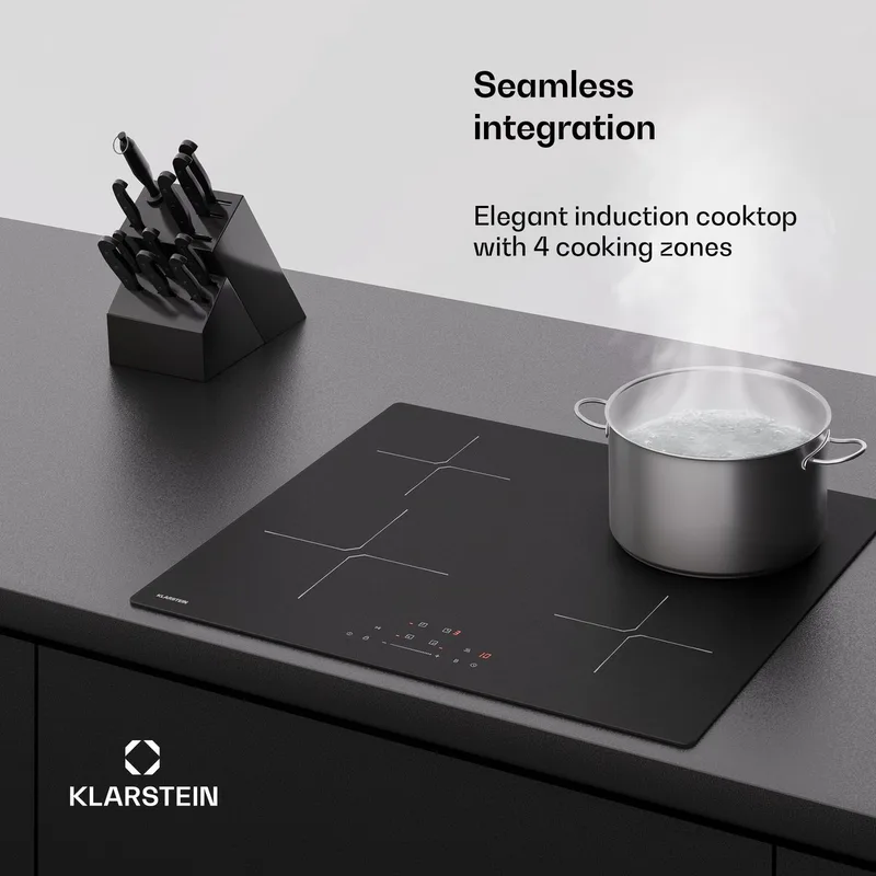 Inductiekookplaat PowerGlide - 60 cm inbouw, 4 zones, 7400 W boost, touchslider, timer, kinderslot, krasvast mat glas, restwarmte-indicator, inductiekookplaat - Kookveld - Induction Hob - Inductie Kookveld fra Klarstein i Sort – produktbillede