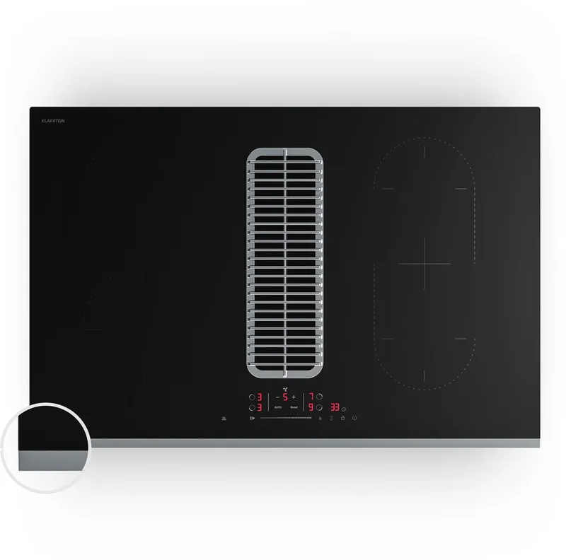 Inductiekookplaat Verosteel met afzuigkap - 80 cm, 4 zones, 7400 W, ingebouwde afzuigkap 590 m³/u, touchbediening, timer, kinderslot, pannenherkenning, glas - Kookveld - 8400W - voor Keuken - Restwarmte-Indicator - RVS by Klarstein in Black – product photo