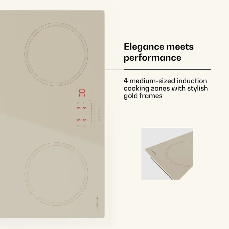 Inductiekookplaat Victoria – 4 Zonen inbouw inductiekookplaat, 7.000 W Mit Boostern, Schieberegler Und Timer, kinderbeveiliging, Creme, 59 cm design - 7000W 7,4 kW 4 Zones - voor Keuken - Kinderslot Restwarmte-Indicator Schuifregelaar von Klarstein in Creme – Produktfoto