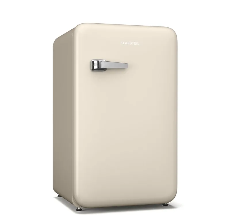 Koelkast Audrey Evo retro , 112 liter, vrijstaand zonder vriesvak, stil (40 dB), omkeerbare deur, verstelbare pootjes, thermostaat van 0–10 °C, - voor Slaapkamer - Compact Geruisloos - Mini Fridge - Compact Koelkast de Klarstein en Crème – photo produit
