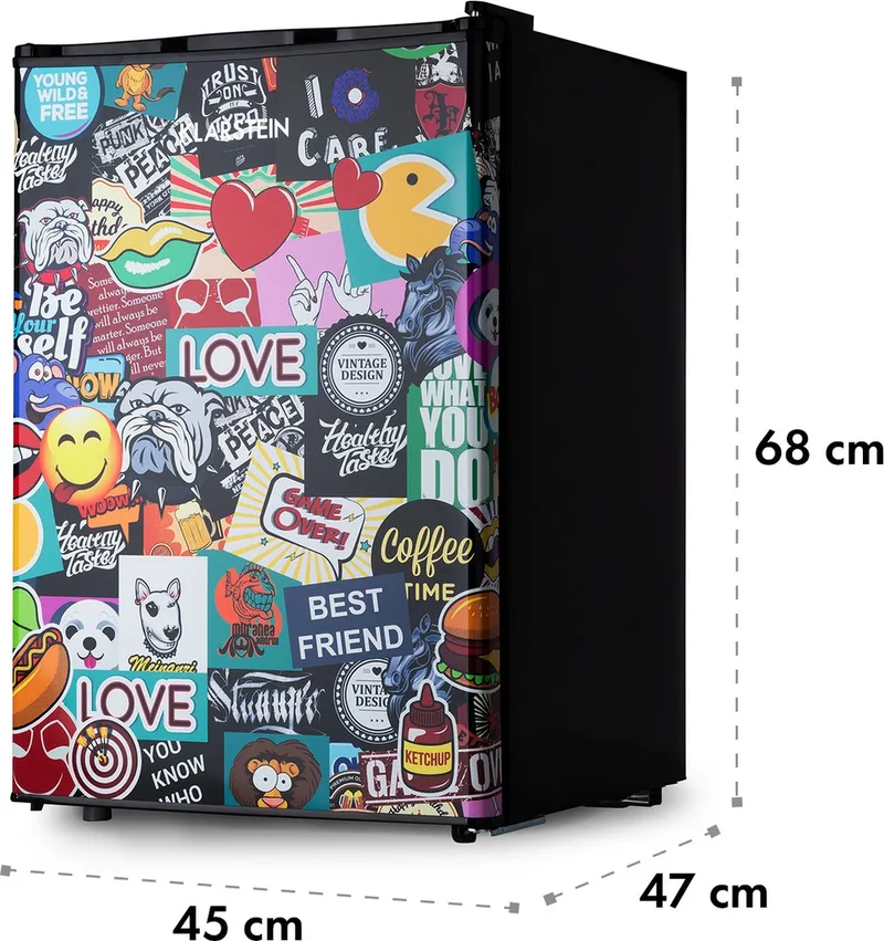 Koelkast Cool Vibe - Inhoud: 70 liter, VividArt Concept: Deur met stickerbomb-designprint, ijsvak, ijsblokjesbakje, geluidsniveau: 42 dB, - 72L - Mini Fridge - Compact Koelkast - Kleine Koelkast - Vrijstaande Koelkast by Klarstein in Black – product photo