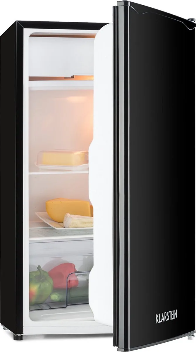 Koelkast Zelfvoorzienend design Koelkast - volume: 91 Liter - 2 Niveaus - 5 Standen Thermostaat - IJsvak - 90L - voor Keuken - Compact - Mini Fridge - Compact Koelkast - Kleine Koelkast - Vrijstaande Koelkast by Klarstein in Black – product photo