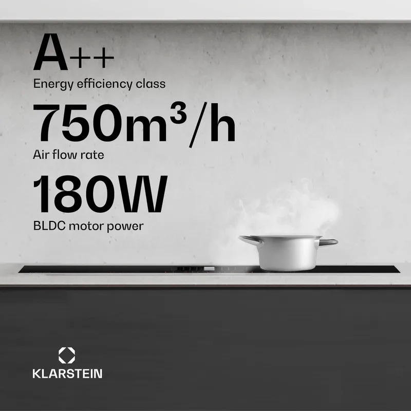 Kookplaat AirJet FlexPro Down Air systeem + Afzuigkap - Inductiekookplaat met Inbouwafzuigkap 4 Zones - voor Keuken Inbouw - Stil Energiezuinig LED - Kookveld - Cooktop - Hob by Klarstein in Black – product photo