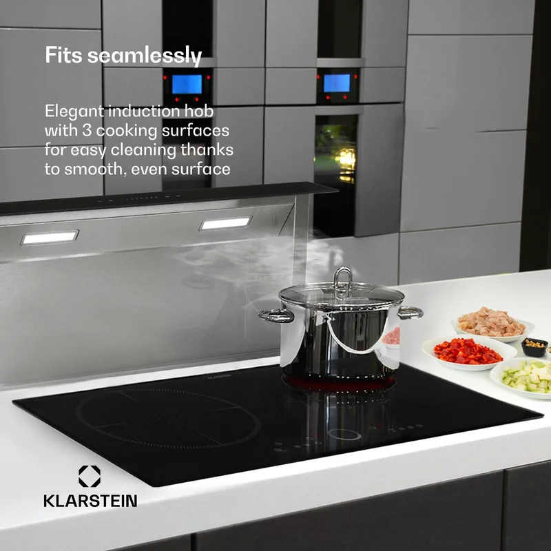 Kookplaat Delicatessa 80 - Inbouw - Inductie - 3 Zones - 7400W - glaskeramisch Oppervlak - Slide Regerlaar - Digitale Display - Overhittingsbeveiliging - Kinderslot - Slanke Vorm - Elegant, praktisch En Simpel - Zwart - 40 cm - voor Keuken by Klarstein in Zwart Glas – product photo