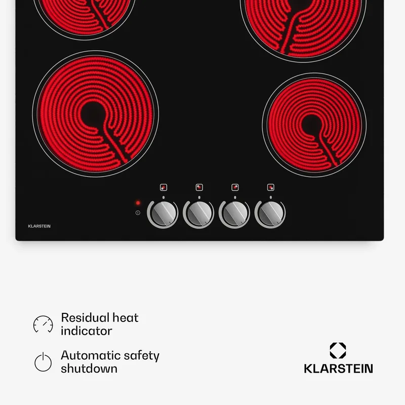 Kookplaat keramische - 60 cm, 4-zone elektrische kookplaat met draaiknoppen, 5800 W, restwarmte-indicator, kinderslot en automatische uitschakeling, makkelijk schoon te maken glazen oppervlak voor moderne keukens - Kookveld - 6000W de Klarstein en Noir – photo produit