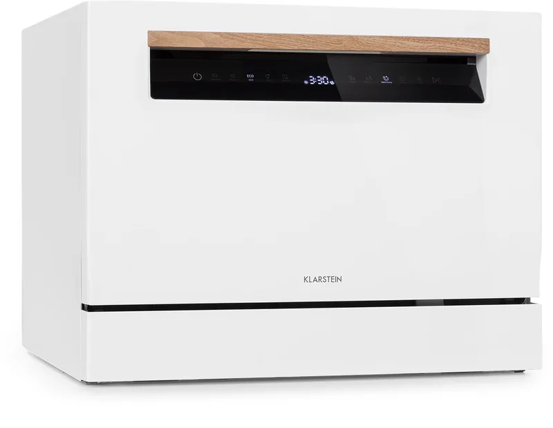 Lagoona Mini-vaatwasser vrijstaand, Vermogen: 1380 W, 6 standaardcouverts, Waterverbruik: 6,5 L, 7 programma's plus extra droging, 49 dB, zwart touch-bedieningspaneel de Klarstein en Blanc – photo produit