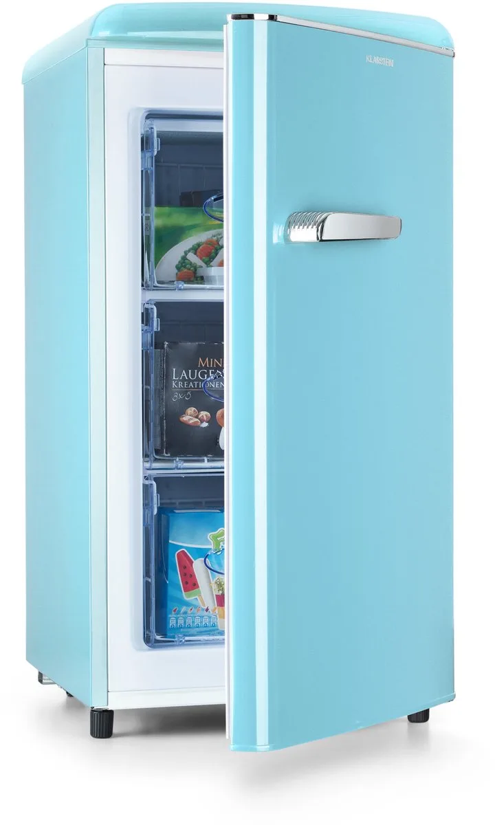 Laika vriezer - 60 liter totale inhoud, 5-traps thermostaat, 0 tot -18 °C, 3 schappen, vrijstaand, retro design, blauw - Vrieskast Diepvrieskast - voor Keuken - 4-Sterren Compact - Freezer - Vrieskast Klein von Klarstein in Pastelblauw – Produktfoto