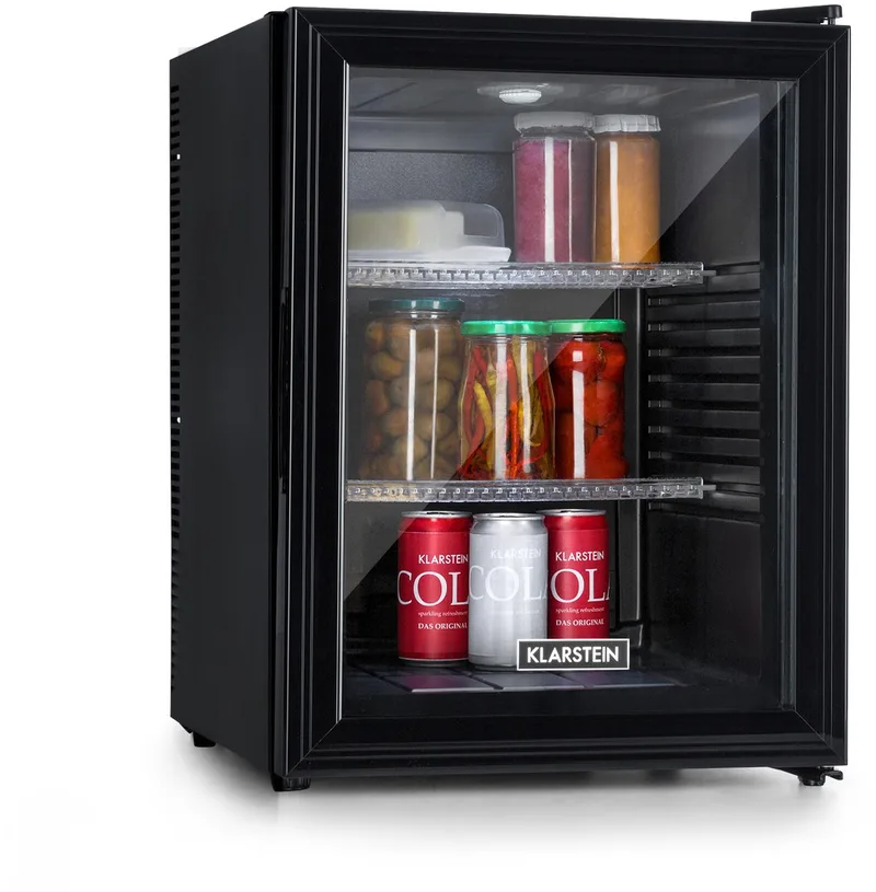Mini-Koelkast Brooklyn 42 Glazen Deur LED 42L - Minikoelkast Minibar Drankkoeler - 12-18°C Compressorkoeling - voor Hotelkamer voor Slaapkamer - Compact - Mini Fridge - Hotelkoelkast - Kleine Koelkast - Compact Koelkast by Klarstein in Black – product photo