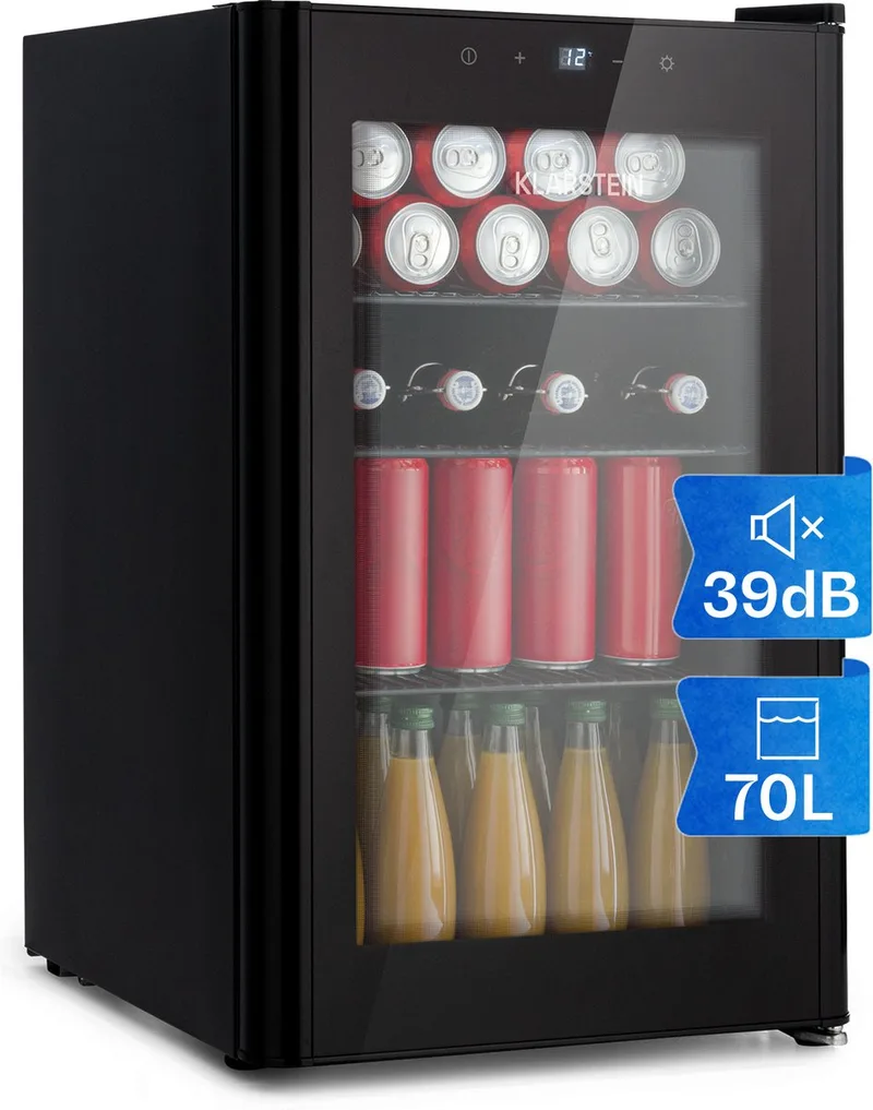 Mini koelkast - Glazen deur - LED Verlichting - 3 Planken - 70 liter - Binnen/Buiten - 0-10°C - Compact - Touch - Mini Fridge Kleine Koelkast Hotelkoelkast Drankkoeler Compact Koelkast by Klarstein in Black – product photo
