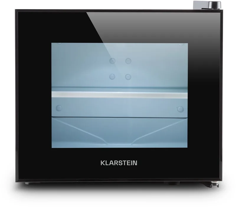 Mini-Koelkast Happy Hour 9.8L 58W - Minikoelkast Drankkoeler Hotelkoelkast,9.8L 30 dB - voor Hotelkamer voor Kantoor voor Slaapkamer - LED-Binnenverlichting Glasdeur Stil - Mini Fridge - Kleine Koelkast - Compact Koelkast by Klarstein in Black – product photo