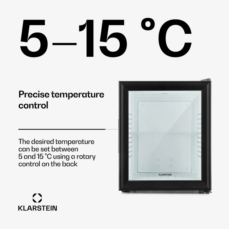 Minibar Barmodel Koelkast - 23 Liter - glas - 23dB - Minikoelkast - 5-15°C - voor Hotelkamer voor Kantoor - Stil Compact - Mini Fridge Kleine Koelkast Hotelkoelkast Drankkoeler Compact Koelkast fra Klarstein i Sort – produktbillede