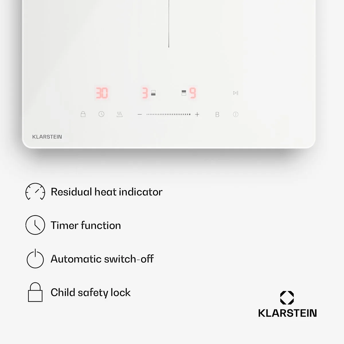 PowerGlide inductiekookplaat - 2-zone inbouw inductiekookplaat, 3500 W boost, touchslider, timer, kinderslot, restwarmte-indicator, keramisch glas, 30 cm by Klarstein in White – product photo
