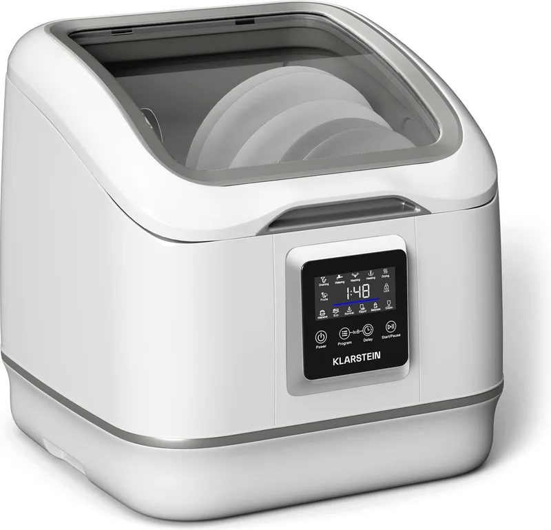 SilentScrub tafelmodel vaatwasser - compacte en draagbare tafelmodel vaatwasser voor 3 couverts, 7 programma's en digitaal touchscreen - stille werking met 55 dB by Klarstein in White – product photo