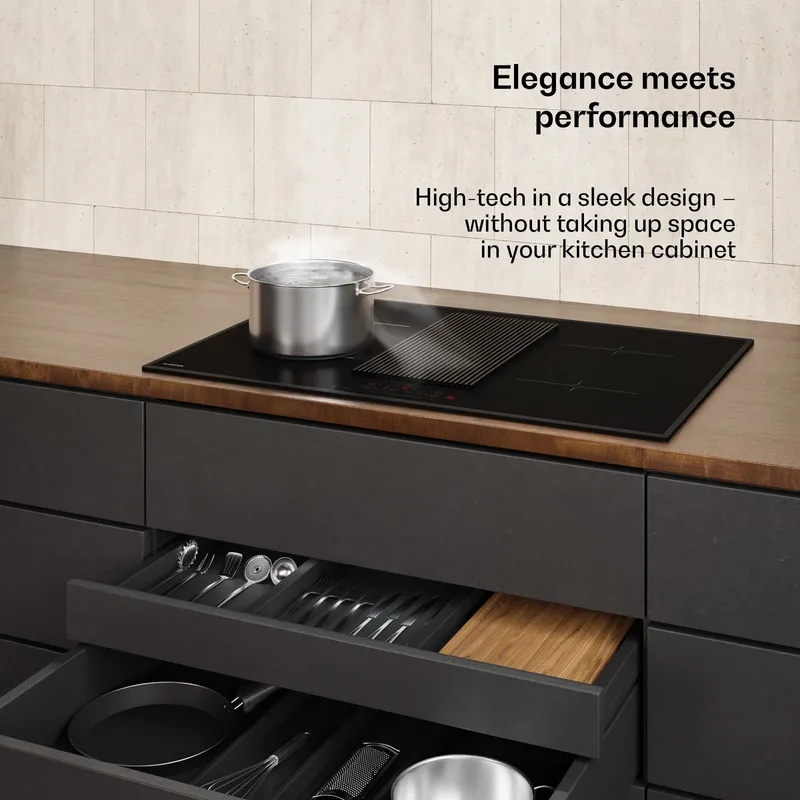 Velaire Inductiekookplaat met Afzuigkap - 80cm, 4 zones, 7.400W Boost, Touch-Slider, Timer, Kindervergrendeling, Restwarme-indicator, Geïntegreerde afzuigkap, Glas by Klarstein in Black – product photo